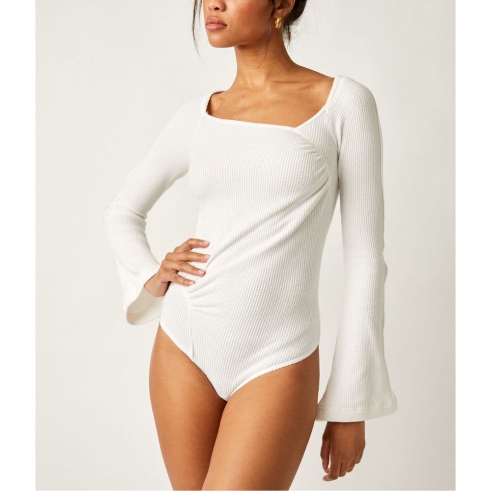 FREE PEOPLE On A Cloud Bodysuit Ivory Hippie Boho Bell Sleeve